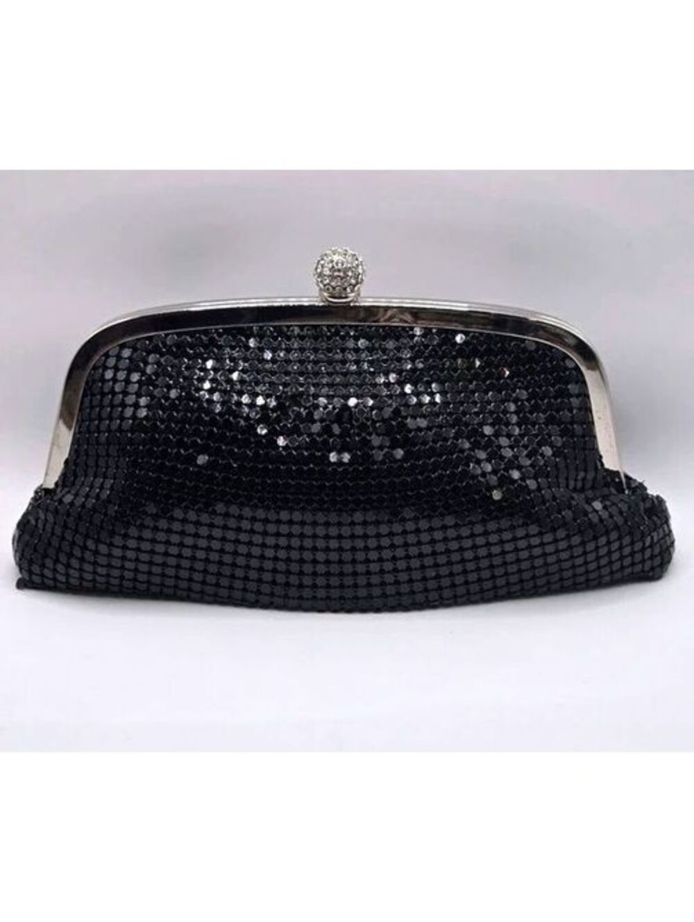 Black Mesh Evening Clutch Handbag with Silver Kiss Lock Rhinestone Clasp